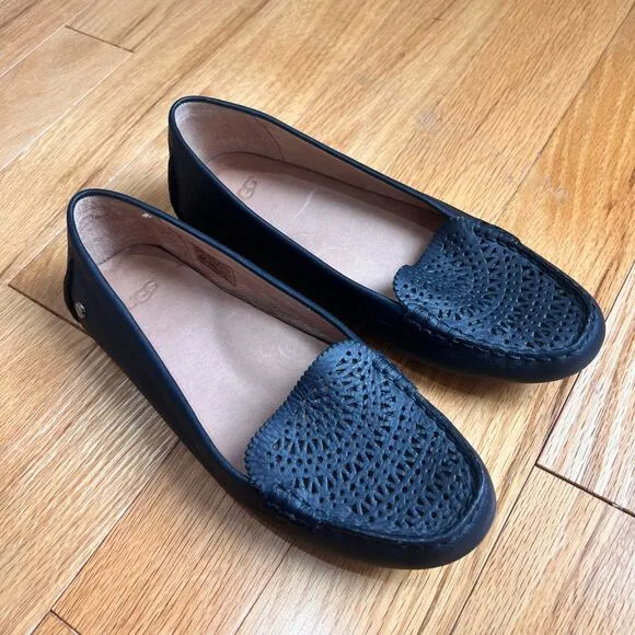 UGG Clair Loafers Women's Black Leather Slip On Loafer Shoes 7 Perforated Flats
