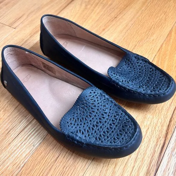 UGG Clair Loafers Women's Black Leather Slip On Loafer Shoes 7 Perforated Flats