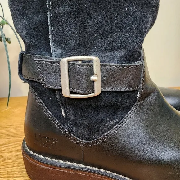Ugg Dunwich Boots Size 7 Black HTF Suede Sheepskin Adjustable Calf Sherpa Tall