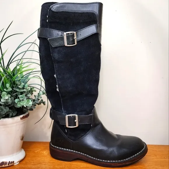 Ugg Dunwich Boots Size 7 Black HTF Suede Sheepskin Adjustable Calf Sherpa Tall
