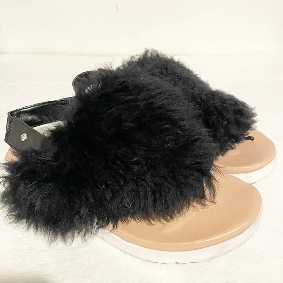 Ugg Girls Size 4 Black Fluffy Velcro Ankle Strap Sandals