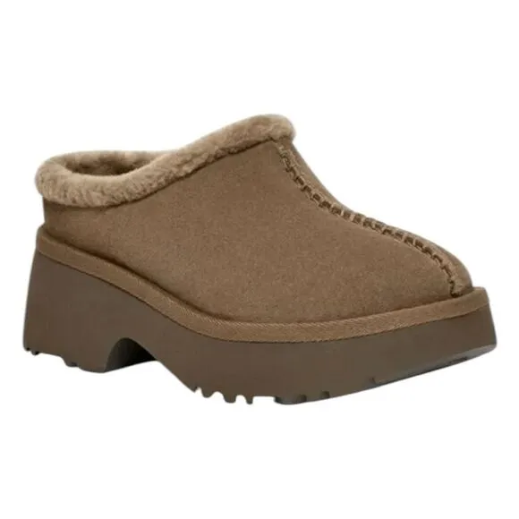 UGG New Heights Cozy Clog Hickory Brown Suede Sherpa Platform Chunky Heel 11