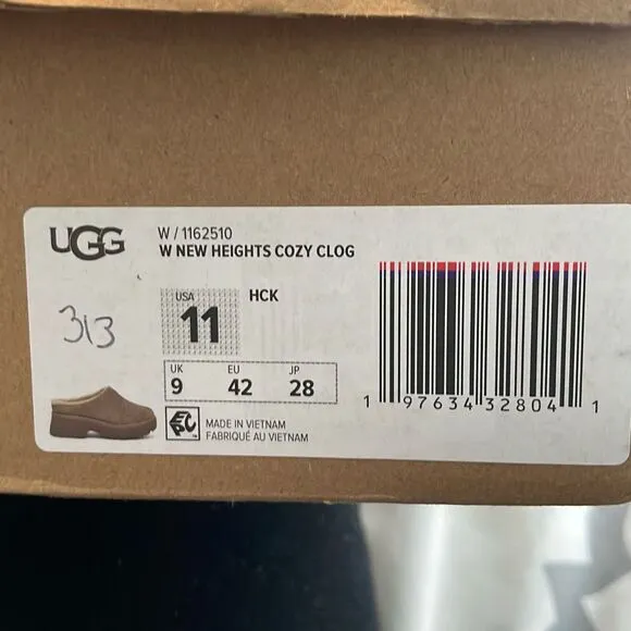 UGG New Heights Cozy Clog Hickory Brown Suede Sherpa Platform Chunky Heel 11