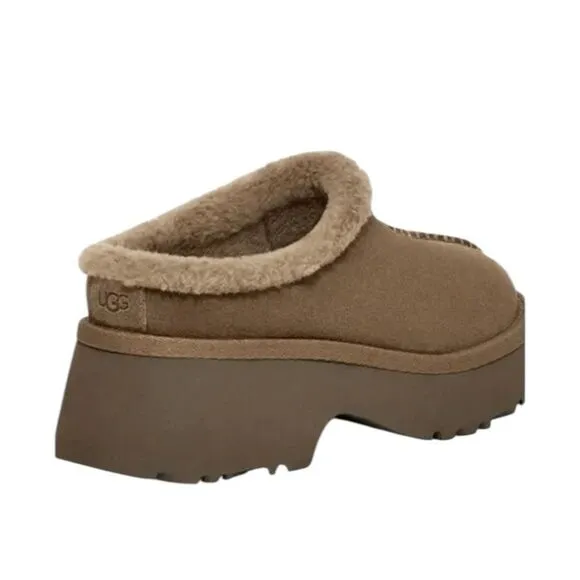 UGG New Heights Cozy Clog Hickory Brown Suede Sherpa Platform Chunky Heel 11