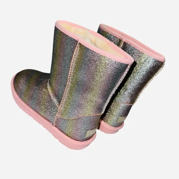 UGG Plush Classic II Metallic Glitter Pink Sole Boots Big Girls Size 6