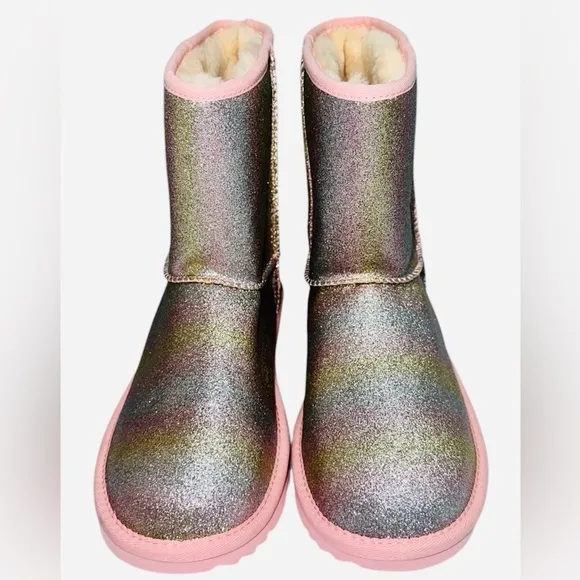 UGG Plush Classic II Metallic Glitter Pink Sole Boots Big Girls Size 6