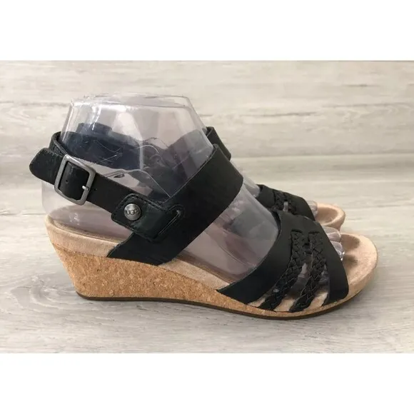 Ugg Serinda Women's Black Leather Wedge Heels Espadrilles Slingback Sandal 6.5