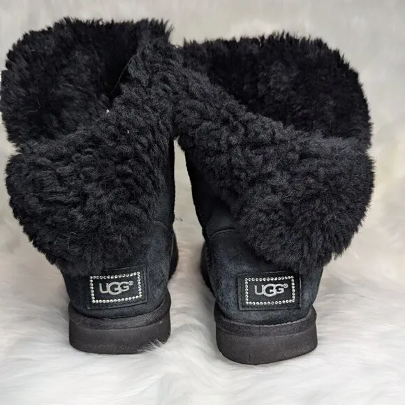 UGG Swarovski Bailey Button Bling Black Classic Calf Boots Women's Size US 8