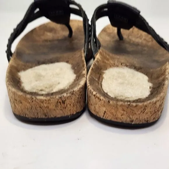 Ugg Womens Deitra Black Leather Cork Thong T Strap Sandals Size 8 Studded Flats
