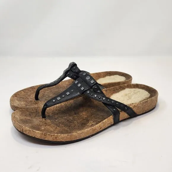 Ugg Womens Deitra Black Leather Cork Thong T Strap Sandals Size 8 Studded Flats