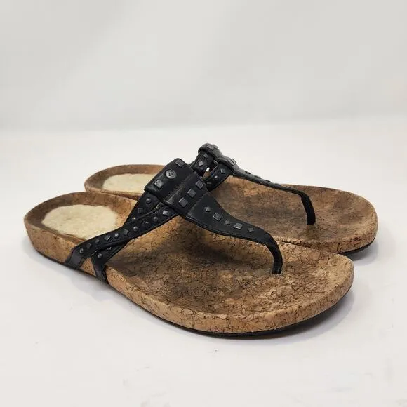 Ugg Womens Deitra Black Leather Cork Thong T Strap Sandals Size 8 Studded Flats