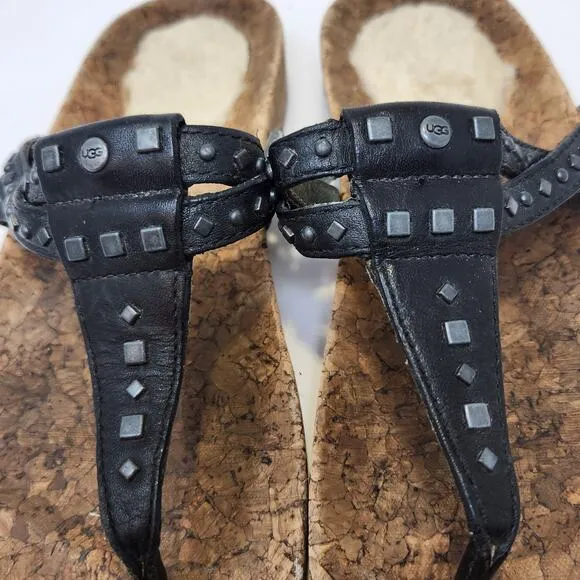 Ugg Womens Deitra Black Leather Cork Thong T Strap Sandals Size 8 Studded Flats