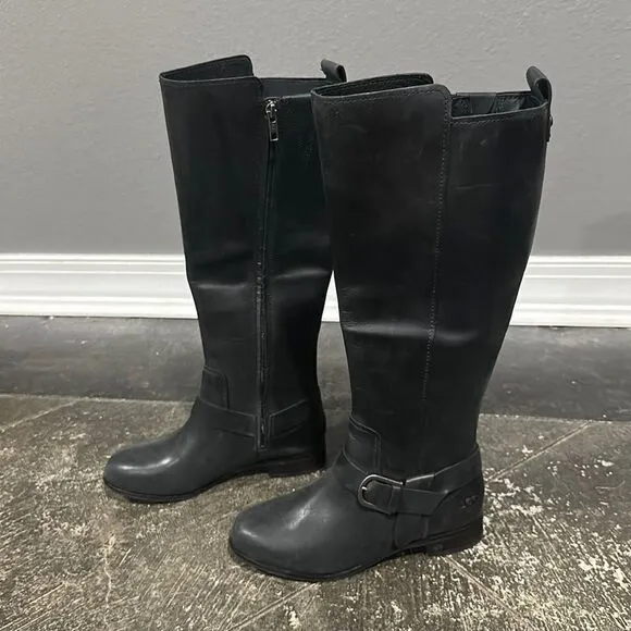 UGG Katelyn Black Leather Block Heel Tall Riding Boots 6 NWOB