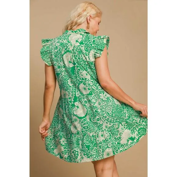 ❤️Umgee Printed Ruffle Sleeves Collared Neck Tiered Babydoll Mini Dress | Green