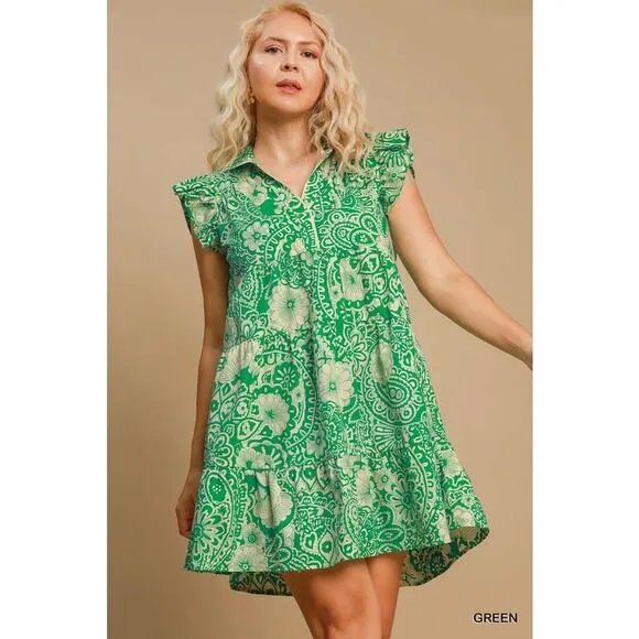 ❤️Umgee Printed Ruffle Sleeves Collared Neck Tiered Babydoll Mini Dress | Green