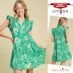 ❤️Umgee Printed Ruffle Sleeves Collared Neck Tiered Babydoll Mini Dress | Green