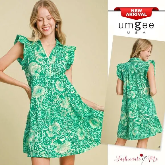 ❤️Umgee Printed Ruffle Sleeves Collared Neck Tiered Babydoll Mini Dress | Green