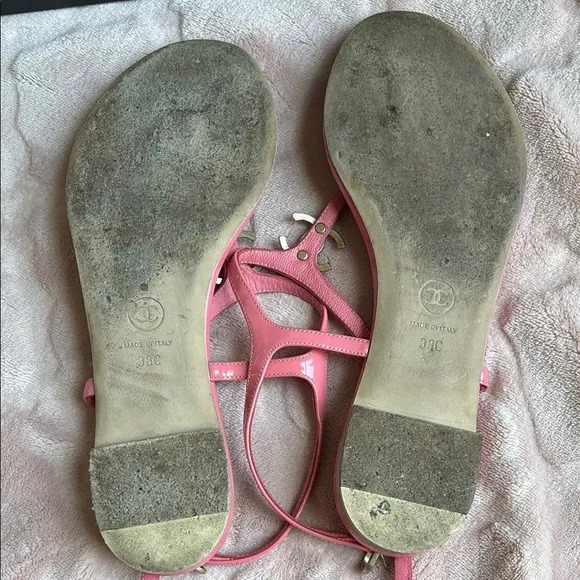 Used Chanel Pink Thong Sandals with Logo Accent