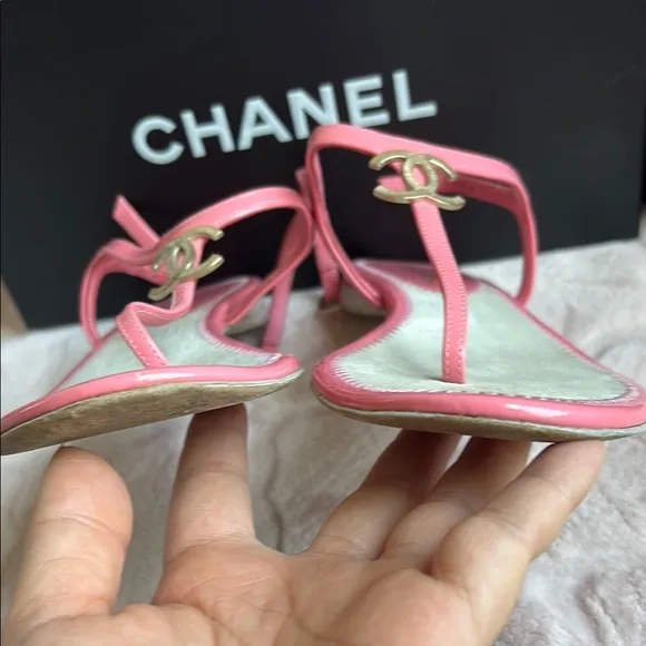 Used Chanel Pink Thong Sandals with Logo Accent