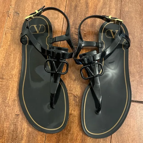 Valentino Black V Logo Jelly PVC Thong Sandals Sz 37