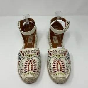 Valentino Cream Leather Floral Embroidered Ankle Strap Espadrille Flats