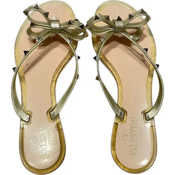 Valentino Garavani Rockstud PVC Flat Thong Sandals- Gold    Size:  EU 40 / US 10
