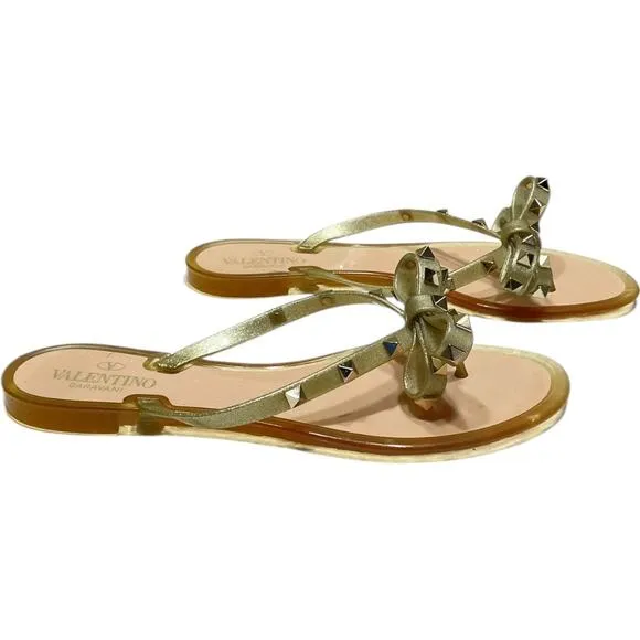 Valentino Garavani Rockstud PVC Flat Thong Sandals- Gold    Size:  EU 40 / US 10