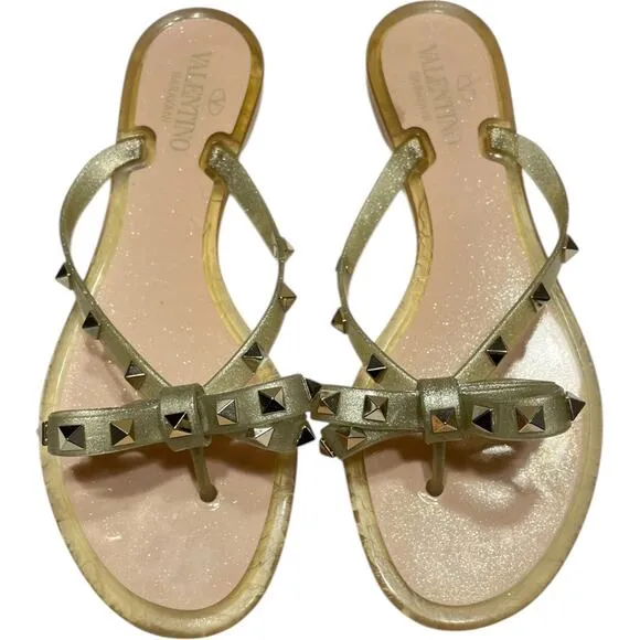 Valentino Garavani Rockstud PVC Flat Thong Sandals- Gold    Size:  EU 40 / US 10