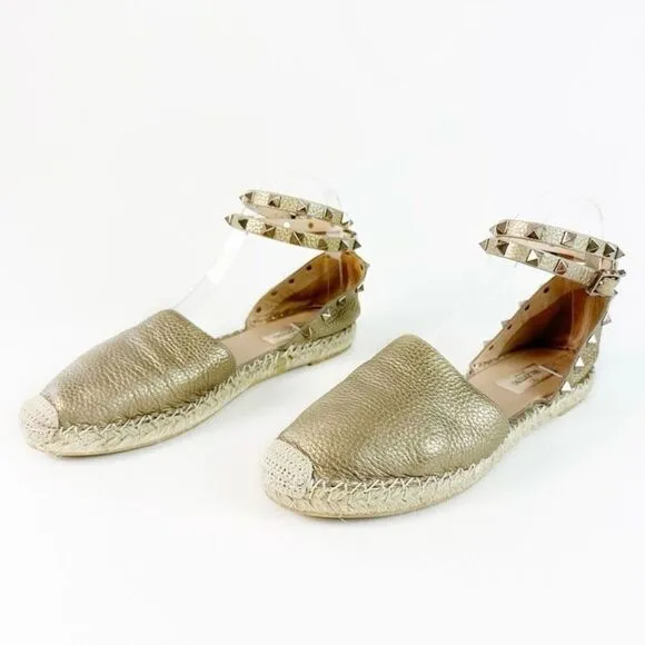 VALENTINO Gold Rockstud Espadrille Size 39 Flat Buckle Double Wrap Ankle Strap