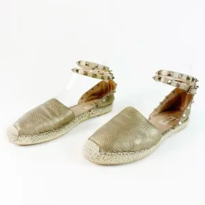 VALENTINO Gold Rockstud Espadrille Size 39 Flat Buckle Double Wrap Ankle Strap