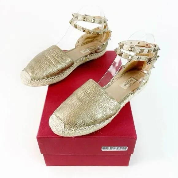 VALENTINO Gold Rockstud Espadrille Size 39 Flat Buckle Double Wrap Ankle Strap