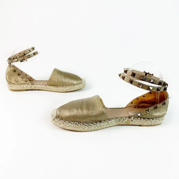 VALENTINO Gold Rockstud Espadrille Size 39 Flat Buckle Double Wrap Ankle Strap