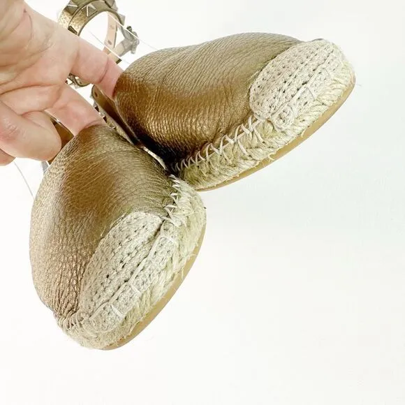 VALENTINO Gold Rockstud Espadrille Size 39 Flat Buckle Double Wrap Ankle Strap