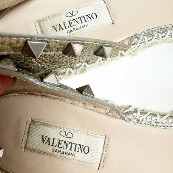 VALENTINO Gold Rockstud Espadrille Size 39 Flat Buckle Double Wrap Ankle Strap