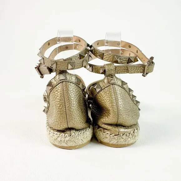 VALENTINO Gold Rockstud Espadrille Size 39 Flat Buckle Double Wrap Ankle Strap