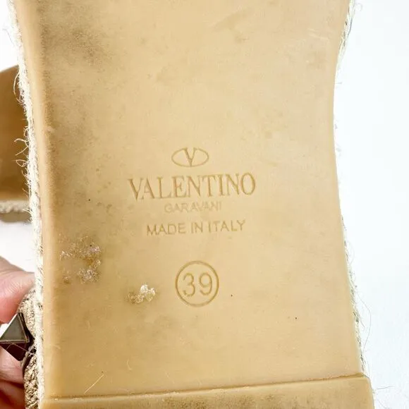 VALENTINO Gold Rockstud Espadrille Size 39 Flat Buckle Double Wrap Ankle Strap