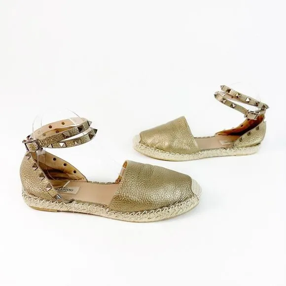VALENTINO Gold Rockstud Espadrille Size 39 Flat Buckle Double Wrap Ankle Strap