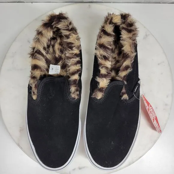 Vans Faux Fur Sneakers Womens 7.5 Black Leopard Lined Platform Slip On Shoes New