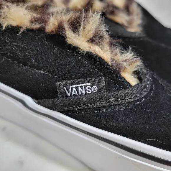 Vans Faux Fur Sneakers Womens 7.5 Black Leopard Lined Platform Slip On Shoes New