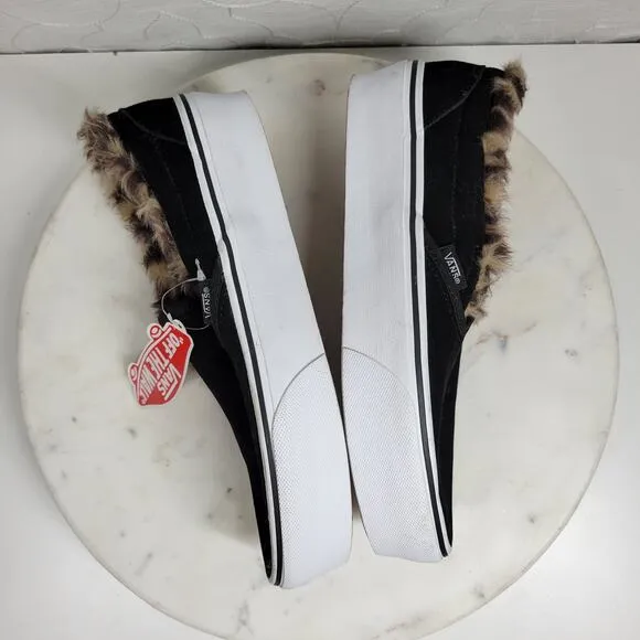 Vans Faux Fur Sneakers Womens 7.5 Black Leopard Lined Platform Slip On Shoes New