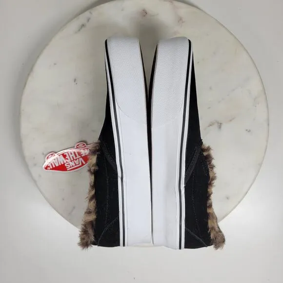 Vans Faux Fur Sneakers Womens 7.5 Black Leopard Lined Platform Slip On Shoes New