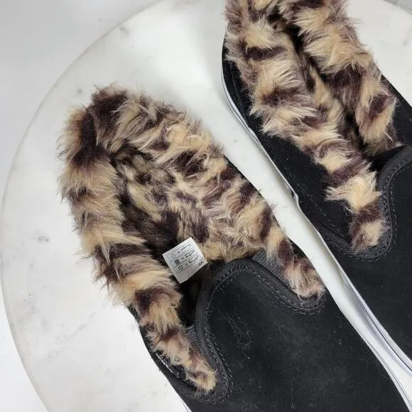 Vans Faux Fur Sneakers Womens 7.5 Black Leopard Lined Platform Slip On Shoes New