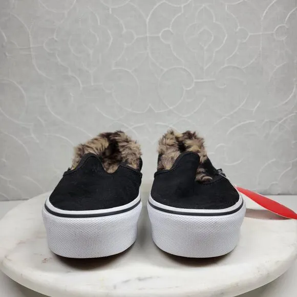 Vans Faux Fur Sneakers Womens 7.5 Black Leopard Lined Platform Slip On Shoes New