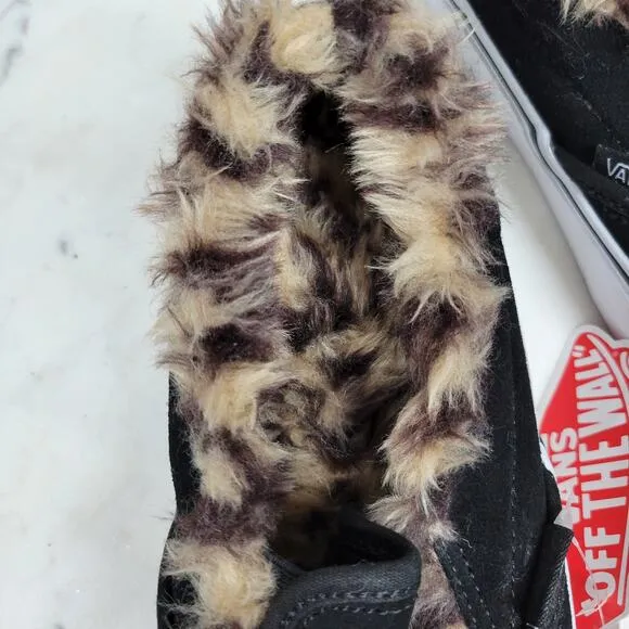 Vans Faux Fur Sneakers Womens 7.5 Black Leopard Lined Platform Slip On Shoes New