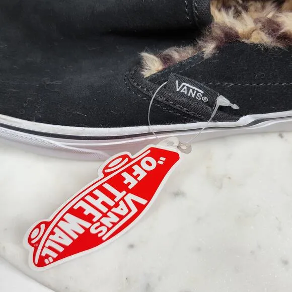 Vans Faux Fur Sneakers Womens 7.5 Black Leopard Lined Platform Slip On Shoes New