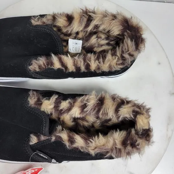 Vans Faux Fur Sneakers Womens 7.5 Black Leopard Lined Platform Slip On Shoes New