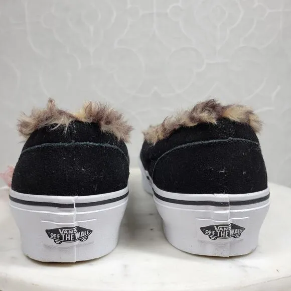 Vans Faux Fur Sneakers Womens 7.5 Black Leopard Lined Platform Slip On Shoes New