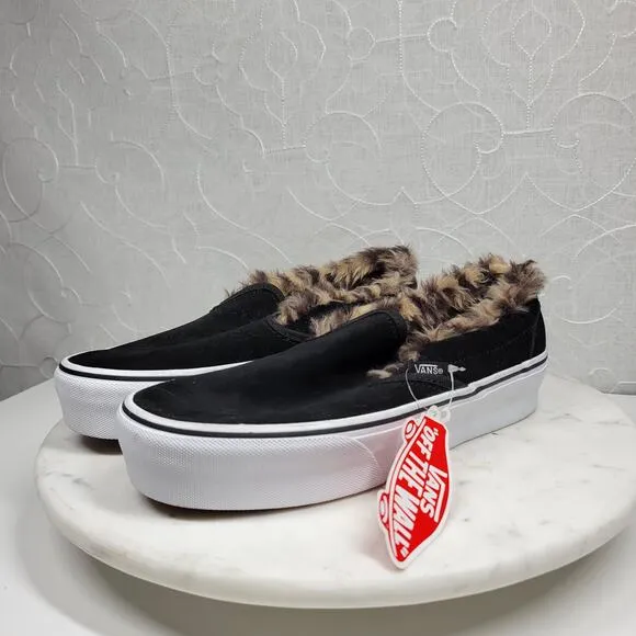 Vans Faux Fur Sneakers Womens 7.5 Black Leopard Lined Platform Slip On Shoes New