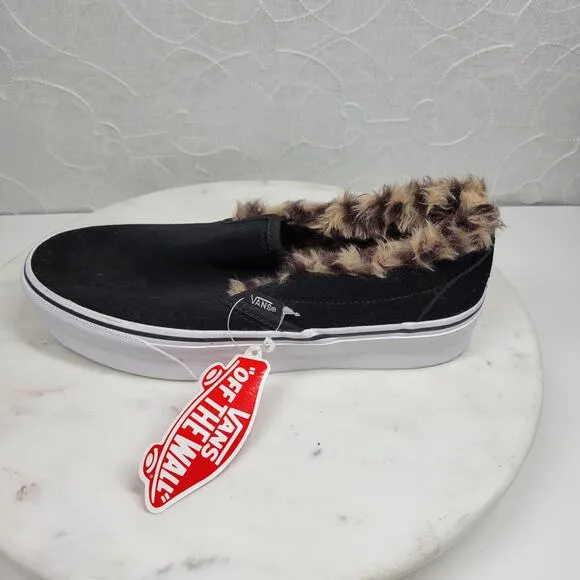 Vans Faux Fur Sneakers Womens 7.5 Black Leopard Lined Platform Slip On Shoes New