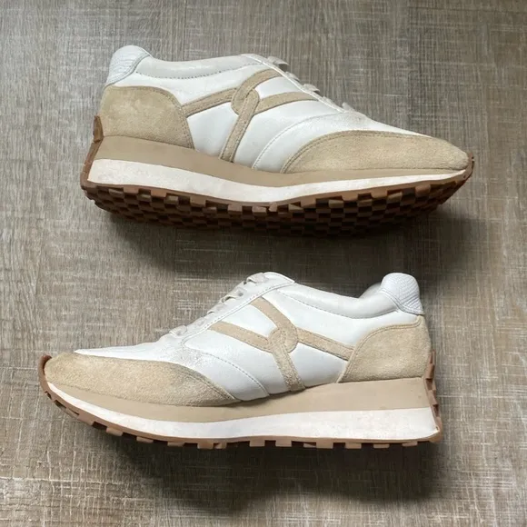 VERONICA BEARD Valentina Low Top Sneakers Women's 9 White &amp; Tan Athleisure Retro